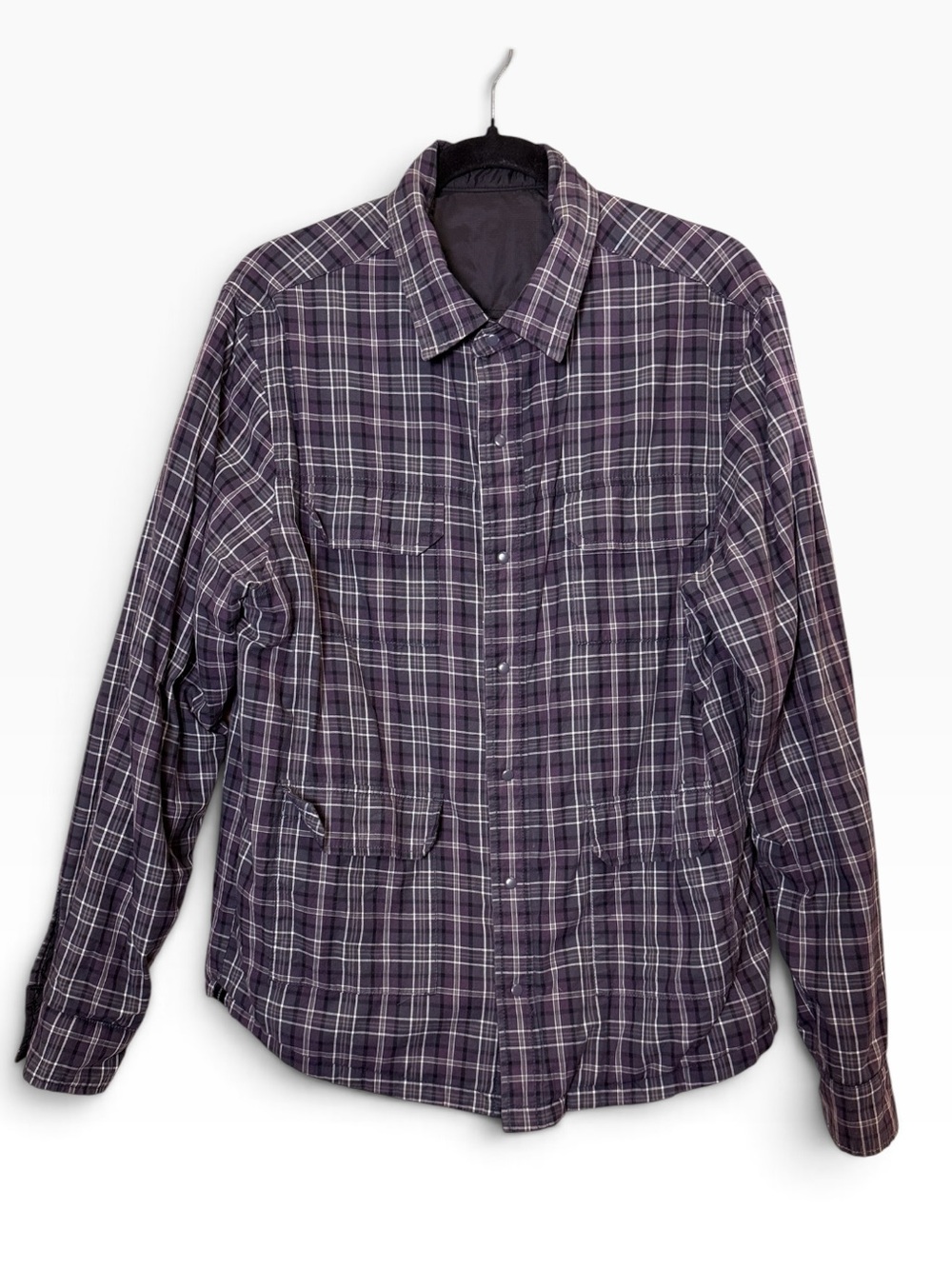 Prana Reversible Rhody Black and Gray Plaid Lightweight Utility Shirt Jacket